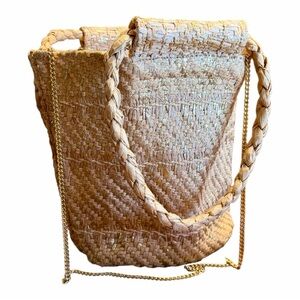 ZARA Elegant Gold Woven Tote Bag with Braided Handle and Gold Chain Strap